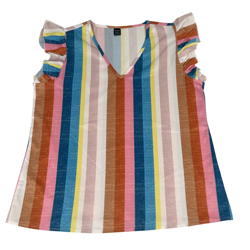 Marcy Multicolor Rainbow Stripe Blouse Small V Neck Flutter Sleeve Top Boho Chic
